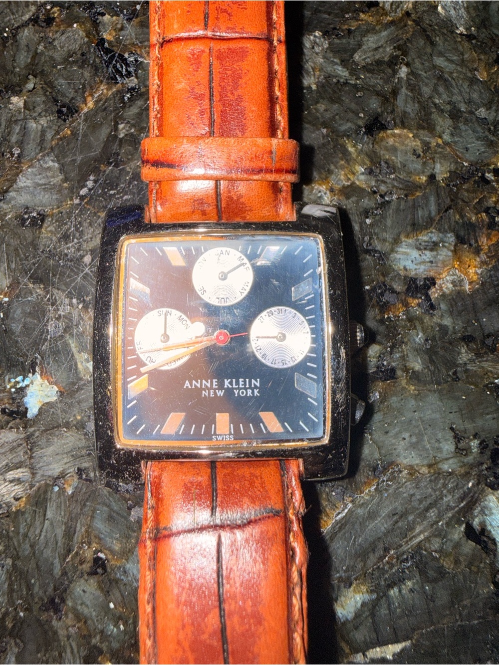 Anne Klein Brown Orange Croc-Embossed Leather Strap Square Watch